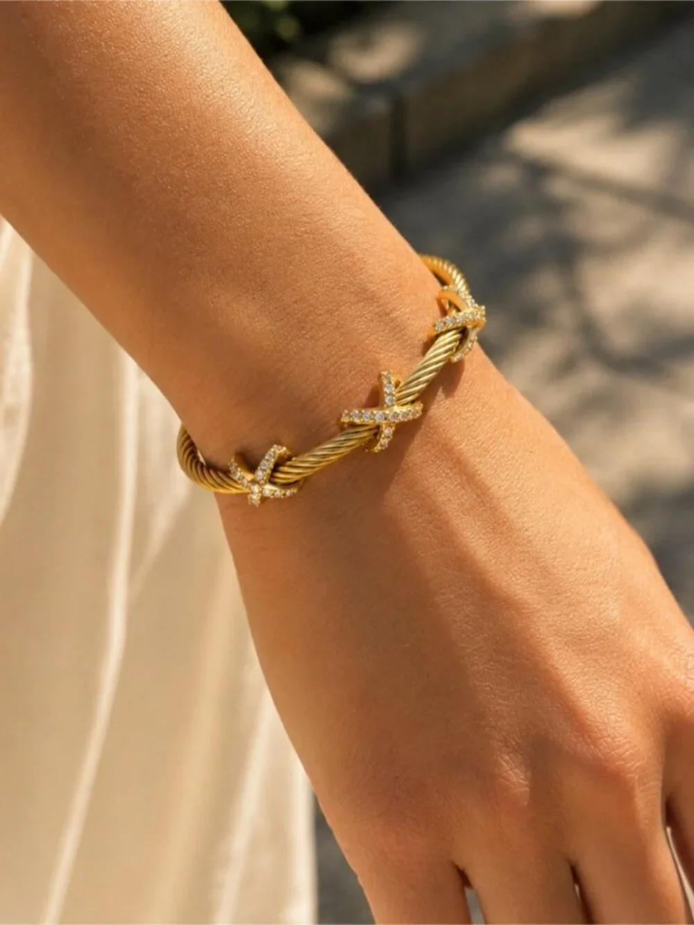 Gold Twisted Rope Bracelet with Crystal Accents